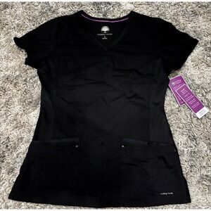 New! Women's Healing Hands Yoga Knit V-Neck Black Scrub Top - Small
